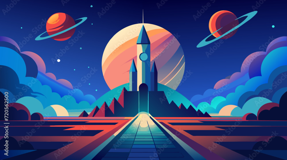 Naklejka premium Colorful retro futuristic space vector illustration with rocket launch