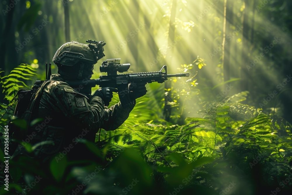 Armed soldier aiming a rifle in a lush jungle with sun rays. Military operations and tactics concept. Special forces unit. Design for banner, poster, wallpapers. Jungle warfare