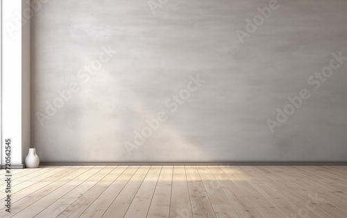 Light gray empty wall with wooden floor and glare of sun from window.
