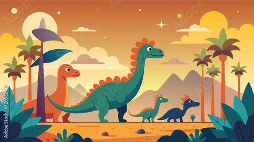 Colorful dinosaur family in a prehistoric landscape vector illustration photo