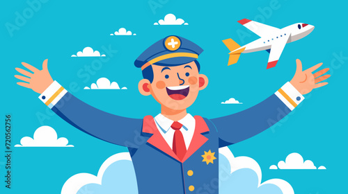 Happy pilot waving with airplane in the sky vector illustration
