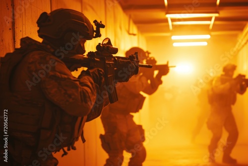 Armed forces conducting a room clearance with smoke around. Military operations and tactics concept. Special forces unit, SWAT. Design for banner, poster, wallpapers. Urban warfare.