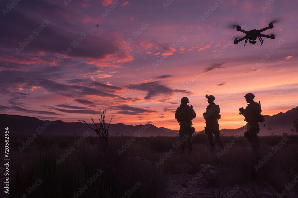 Silhouettes of soldiers with a drone against a twilight sky. Military operations and tactics concept. Special forces unit. Design for banner, poster, wallpapers with copy space