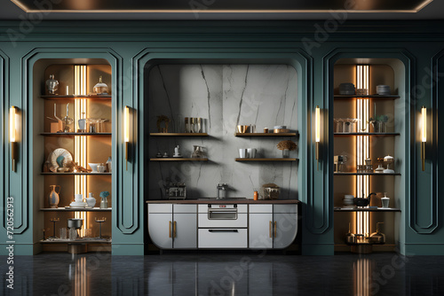 Art Deco space with built in wall mounted display shelve