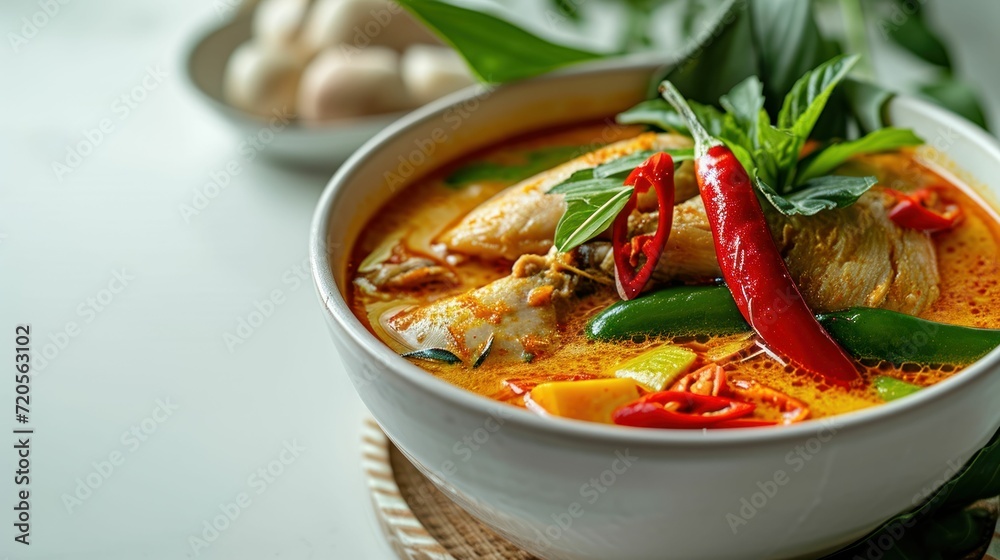 Angular view of a Spicy Tom Yum Chicken against a clean white backdrop Angular view of a Spicy Tom Yum Chicken against a clean white backdrop