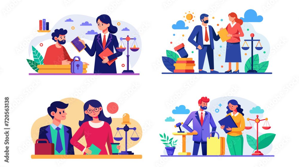 Colorful vector illustrations of legal professionals and clients in various law-related settings