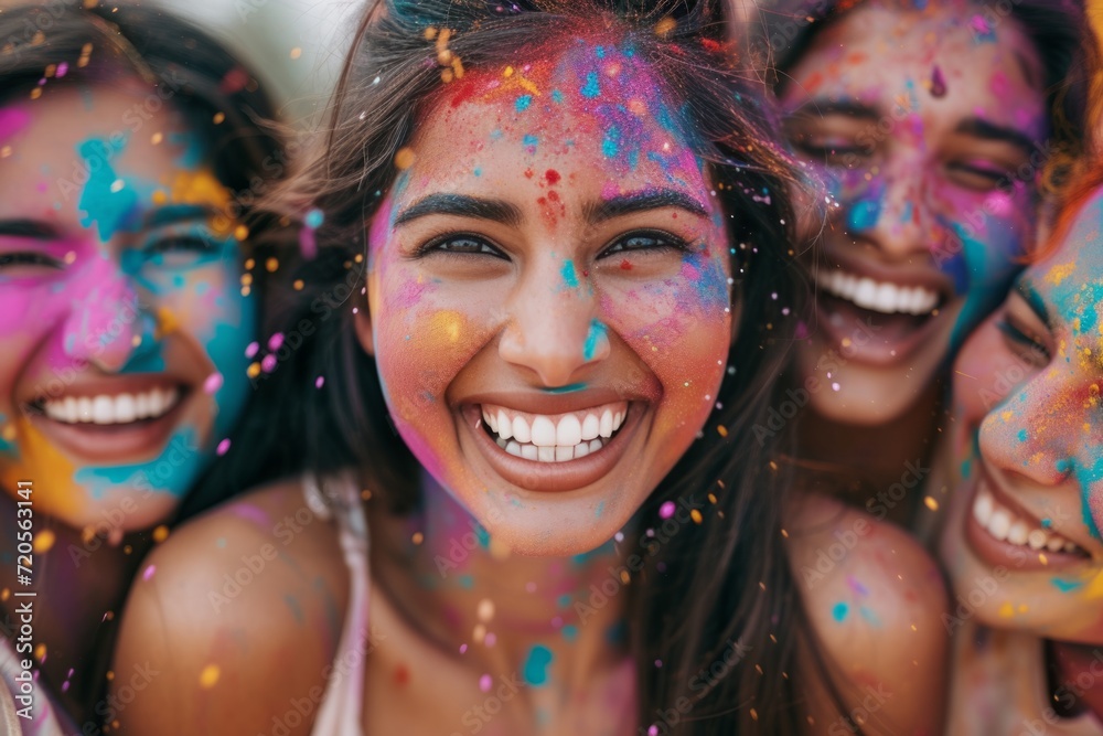 Group of Young Women Covered in Colored Powder at Holi Festival Group of Young Women Covered in Colored Powder at Holi Festival