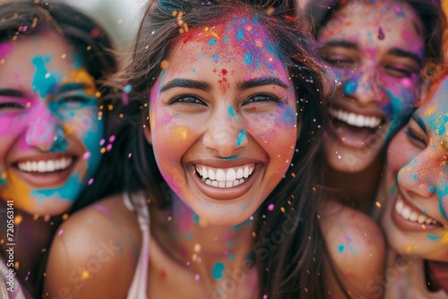 Group of Young Women Covered in Colored Powder at Holi Festival