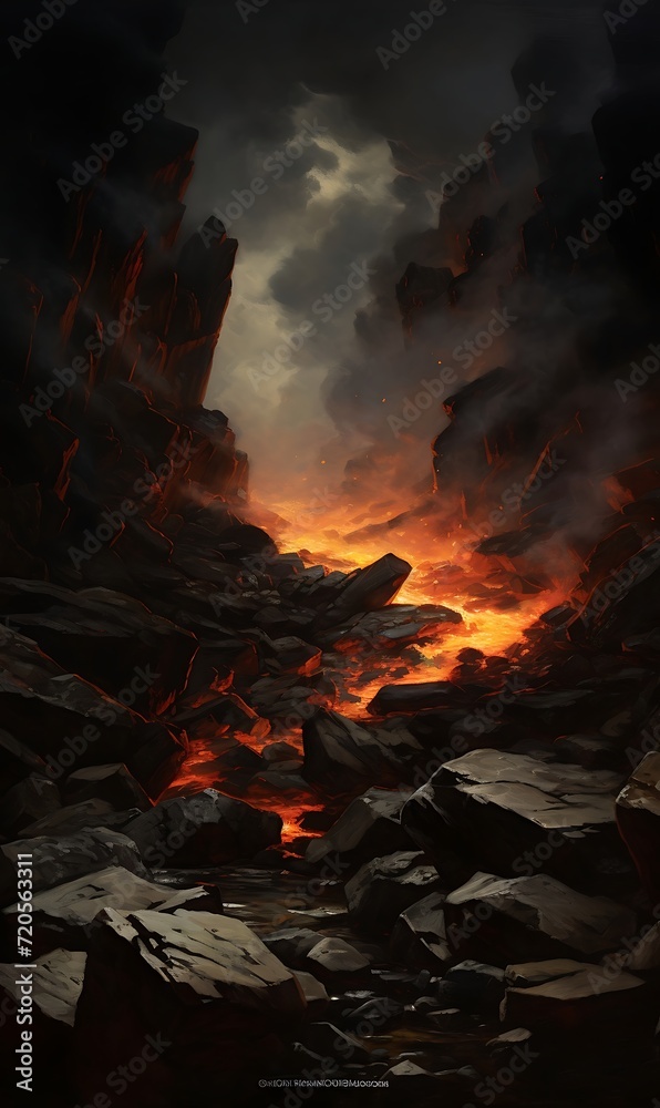 Obraz premium Flaming lava on the beach at night