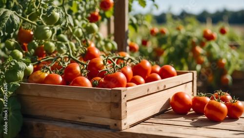 Harvest of ripe tomatoes in a wooden box in the vegetable garden © tanya78