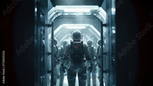 Fototapeta Naklejka Na Ścianę i Meble -  Team of astronauts in a space suits aboard the orbital station. A crew of cosmonauts piloting the spaceship. People in space. Galactic travel and science concept.