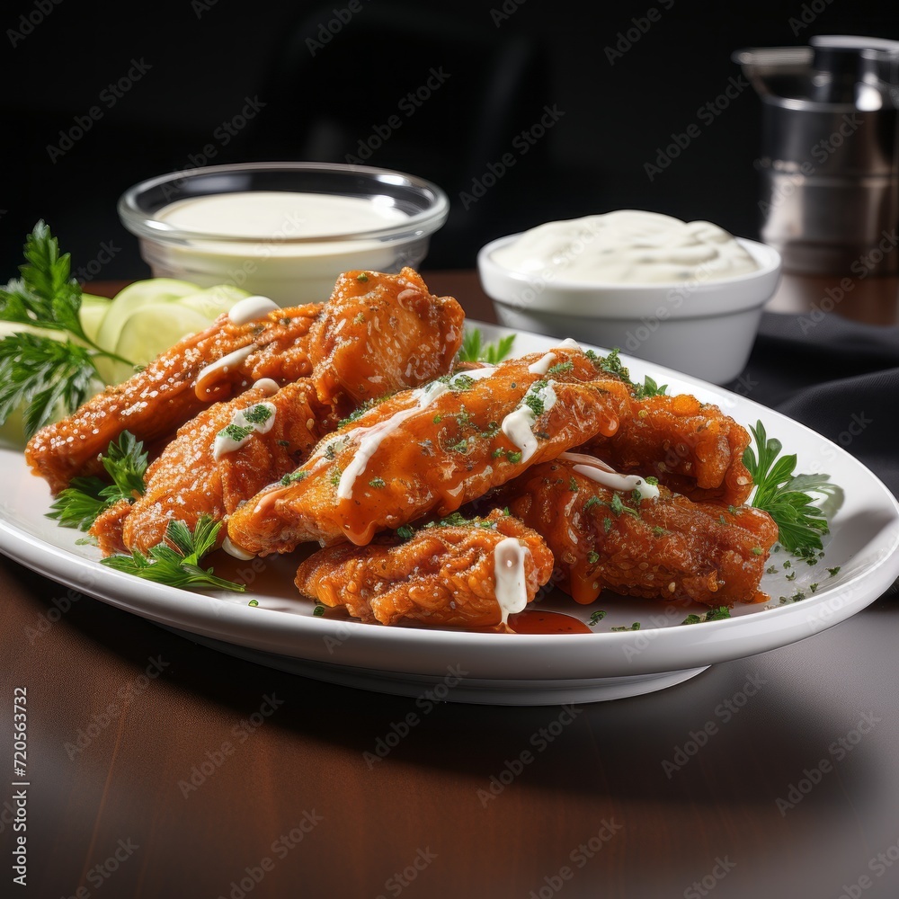 Buffalo Wings on Plate with Creamy White Sauce Buffalo Wings on Plate with Creamy White Sauce