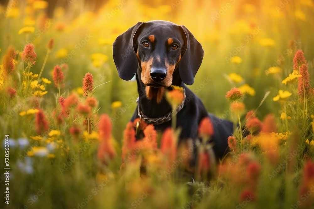 Black and tan coonhound dog sitting in meadow field surrounded by vibrant wildflowers and grass on sunny day ai generated