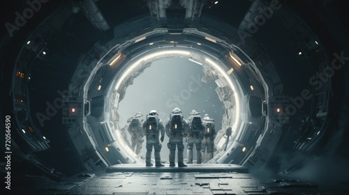 Fototapeta Naklejka Na Ścianę i Meble -  Team of astronauts in a space suits aboard the orbital station. A crew of cosmonauts piloting the spaceship. People in space. Galactic travel and science concept.