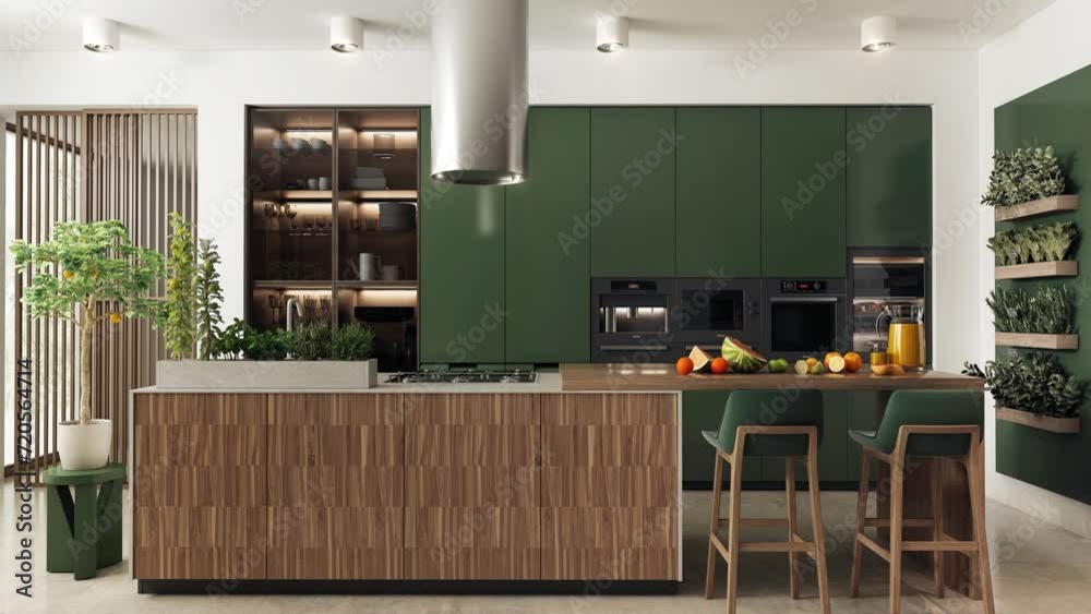 Animation of a modern and spacious kitchen decorated with herbs and fruits, presenting the same interior in different color versions with changing decors, colors and finishing materials.