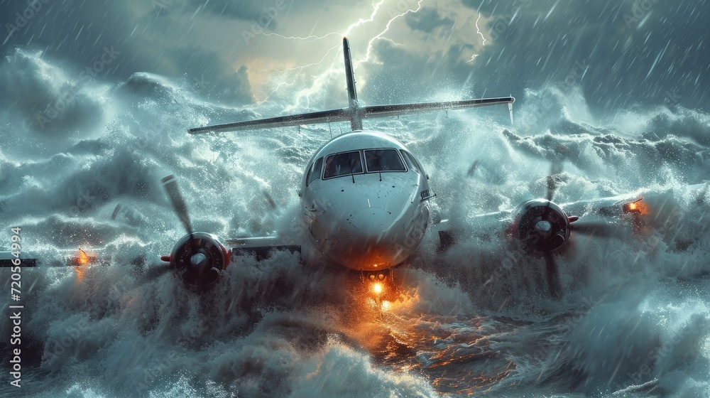 Fototapeta premium Dramatic aviation disaster: passenger plane crashing into turbulent ocean during a storm