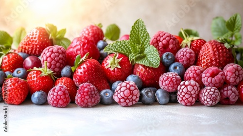 A pile of raspberries and blueberries with their fresh green leaves, showcasing their abundance and natural vibrancy.