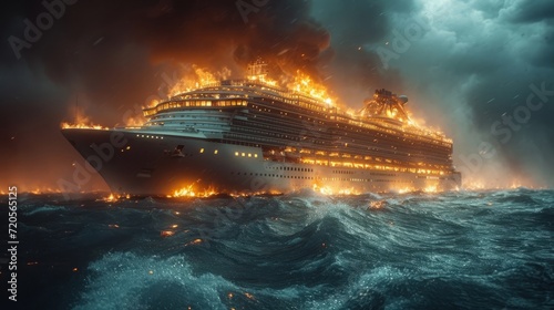 A dramatic photo of a passenger boat on fire during a severe ocean storm, showing the intensity and danger of maritime disasters amidst turbulent waves and stormy skies. photo
