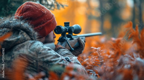 Sniper in camouflage with rifle and telescopic sight in forest setting
