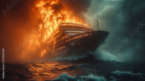 A dramatic image of a cruise ship on fire amid a severe storm at open sea. The passenger vessel is engulfed in flames, creating a scene of chaos and peril.