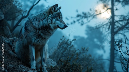 A stunning and eerie night scene featuring a lone wolf standing under a big, haunting blue moon in a dark, mysterious forest habitat, surrounded by the glow of the moonlight.