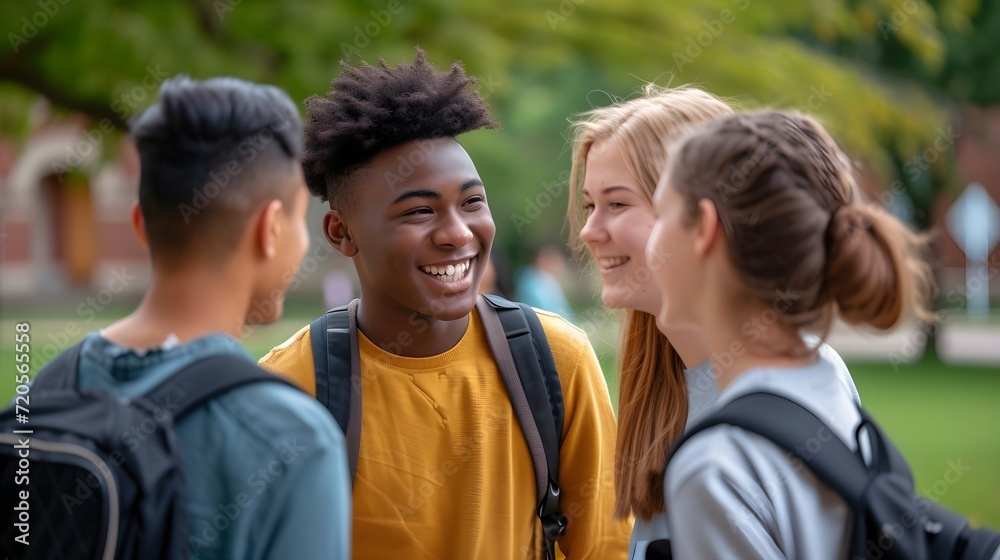 A group of multicultural students, both male and female, in a candid outdoor setting, exuding a sense of camaraderie and joy