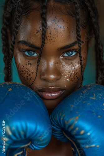 Close-up portrait of a determined and focused female boxer wearing blue boxing gloves. The athlete exudes strength and confidence as she prepares for her next bout. © Dmitry