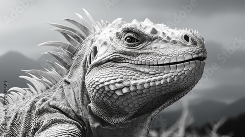 Realistic portrait of an iguana. Close-up of a large herbivorous lizard in monochrome style. Illustration for cover, card, postcard, interior design, banner, poster, brochure or presentation.