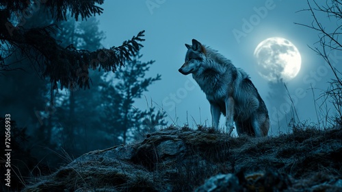 A majestic grey wolf with glowing eyes is roaming through a dark and mystical forest under an enormous blue moon in the starry night sky, creating a captivating and eerie scene.