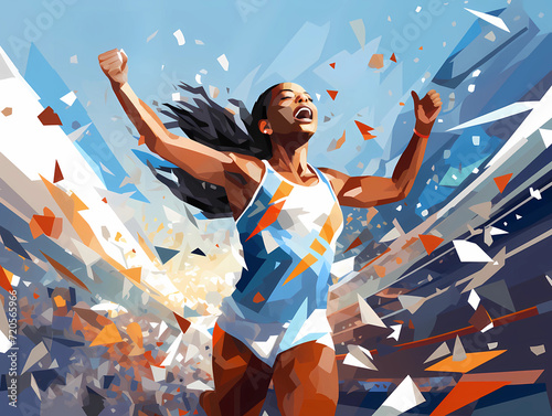 Black female athlete celebrating victory / reaching the finish line in a stadium, vector illustration, shattered vectors background