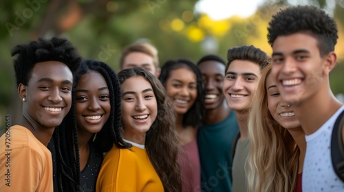A group of multicultural students, both male and female, in a candid outdoor setting, exuding a sense of camaraderie and joy