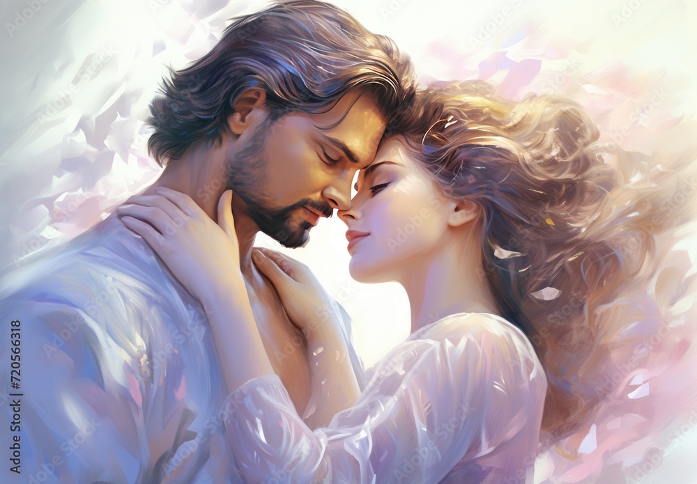Handsome man hugging his sensual girlfriend. The spouses gently embrace each other. Couple in love. Romantic dance of a guy and a girl. Illustration for cover, card, interior design, decor or print.