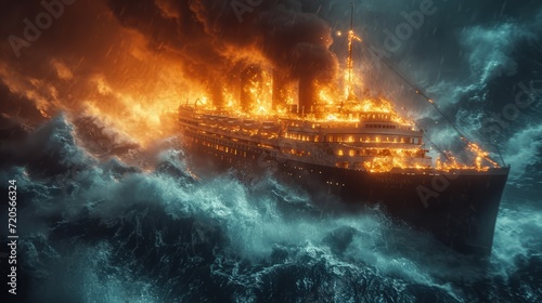 A dramatic scene of a 19th-century passenger ship engulfed in flames amidst a severe ocean storm. The ship is ablaze with smoke billowing into the dark, stormy sky as waves crash against it.