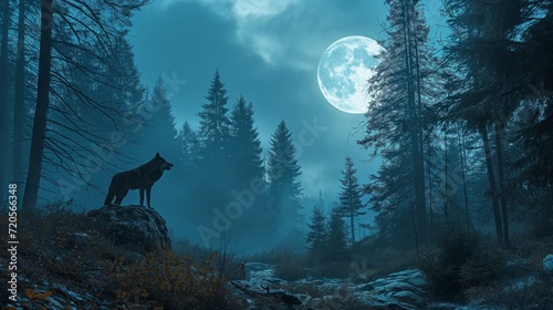 A lone wolf standing in an enchanted night forest with striking blue moonlight filtering through the trees, creating a mysterious and magical atmosphere.
