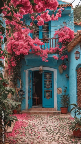 Charming Blue House Adorned with Pink Bougainvillea flowers