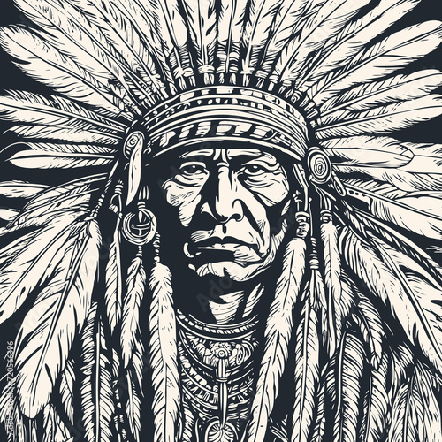 Head of an Indian chief wearing a feather headdress, Vector illustration