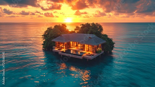  Private Overwater Villa at Sunset. A solitary villa stands over tranquil sea waters against a sunset backdrop