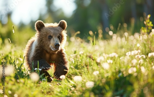 A grizzly cub playfully frolicking in a meadow