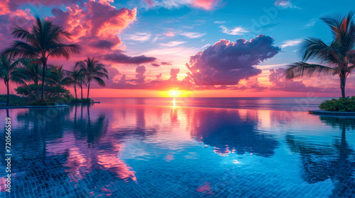 Tranquil Sunset Reflections by the Palm Trees. Palm tree silhouettes with sunset reflections on water.