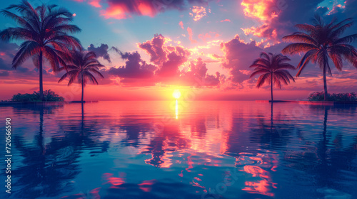 Tranquil Sunset Reflections by the Palm Trees. Palm tree silhouettes with sunset reflections on water. © Svetlana Kolpakova