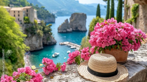 Summer Scene with Pink Bougainvillea and Straw Hat Overlooking Coastal Italian Landscape