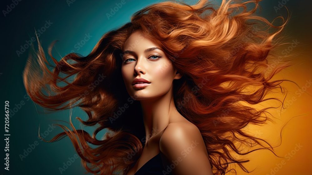 Beautiful female face with powerful silky hair and chic hairstyle done in a beauty salon. Perfect image of a beautiful red-haired woman with developing hair. Illustration for beauty magazine. Beautiful female face with powerful silky hair and chic hairstyle done in a beauty salon. Perfect image of a beautiful red-haired woman with developing hair. Illustration for beauty magazine.