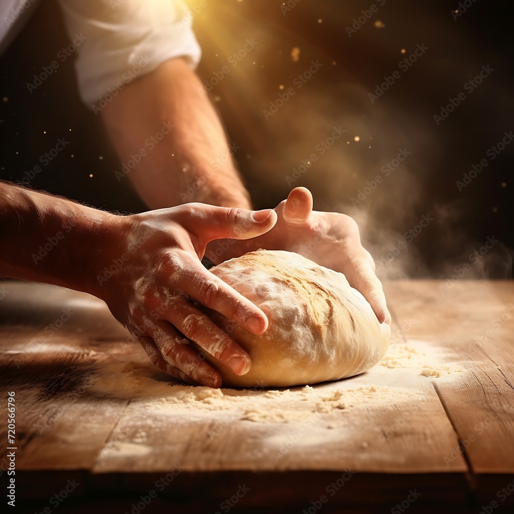 Hands kneading dough on the kitchen table with flour