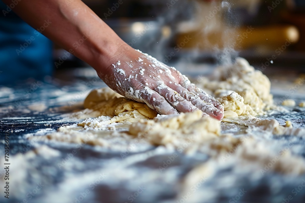 Hands kneading dough on the kitchen table with flour
