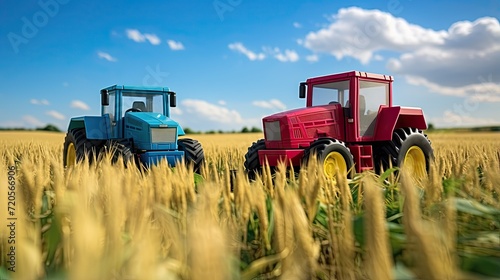 The combine is harvesting. Toy tractor in the field of cereals.  Illustration for cover  card  postcard  interior design  banner  poster  brochure or presentation.