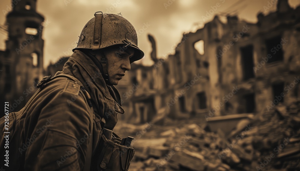 Dusk of Desolation: A Sepia-Toned Image - A Soldier Amidst a Ruined City at Dusk, Poignantly Highlighting the Futility and Sorrow of War.
Dusk of Desolation: A Sepia-Toned Image - A Soldier Amidst a Ruined City at Dusk, Poignantly Highlighting the Futility and Sorrow of War.