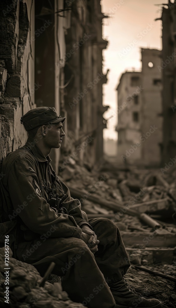 Dusk of Desolation: A Sepia-Toned Image - A Soldier Amidst a Ruined City at Dusk, Poignantly Highlighting the Futility and Sorrow of War.




