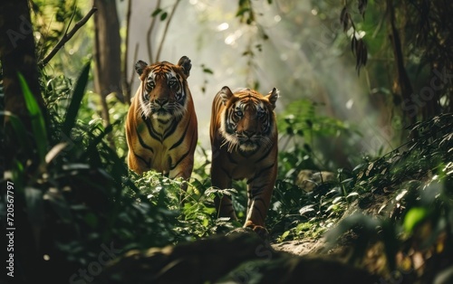 tigers graceful movements in a dense jungle