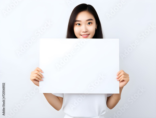 a young girl showcasing a blank white board, creating a heartwarming advertisement with empty space for a message,Generative Ai © aphichato