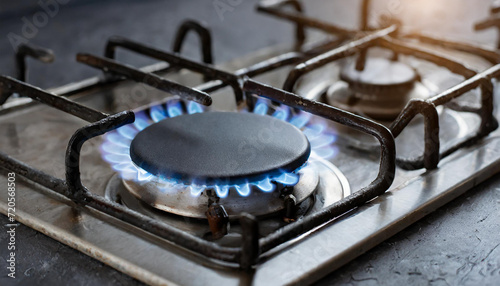 Gas stove, gas burner, cooking stove. Slight incorrect gas air distribution pr mixture.